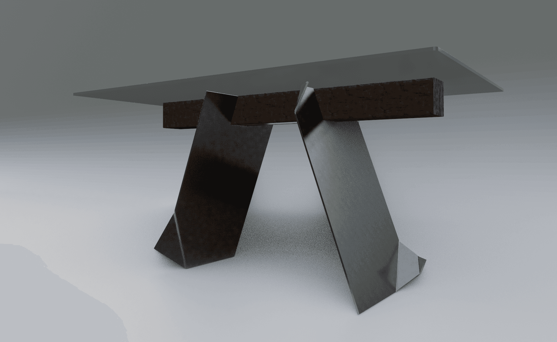 The glass-and-metal table in a neutral studio gradient